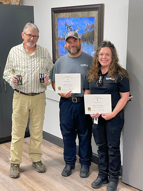 Compatriot Larry Chandler presents the Medal for Heroism to Britt Gunn and Rhonda Craft at Caddo Parish Fire District #8 in Vivian, LA on 5/31/23. These two EMTs went into a burning house to rescue a person in the Jefferson, TX area.